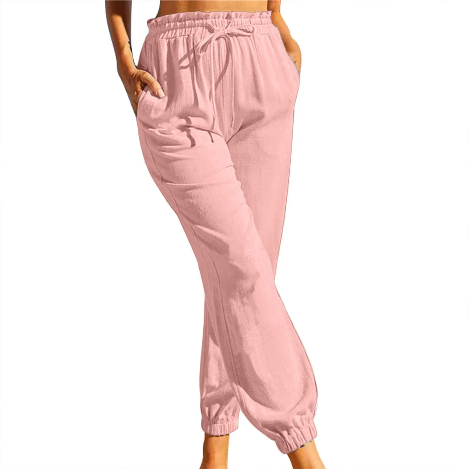 Women Casual Cotton Linen Pants Fashion Solid Elastic Waist Harem Pants With Pockets Drawstring Comfy Crpped Pants Pantalones