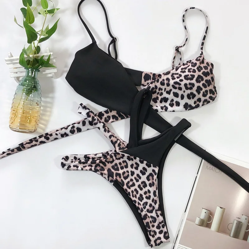 

Купальник Бикини Летний из нейлоновой ткани с леопардовым принтом и высокой талией