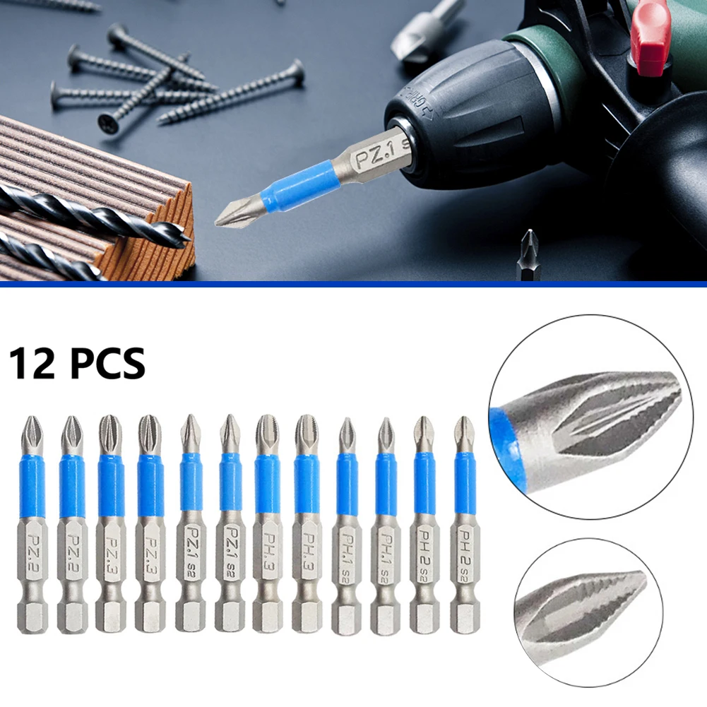

12pcs 50mm Screwdriver Bit Set PH1, PH2, PH3, PZ1, PZ2, PZ3 High Hardness Blue