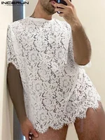 sexy hot sale tops mens lace printing camiseta fashion male all match short sleeve see through mesh t shirts s 5xl incerun 2022