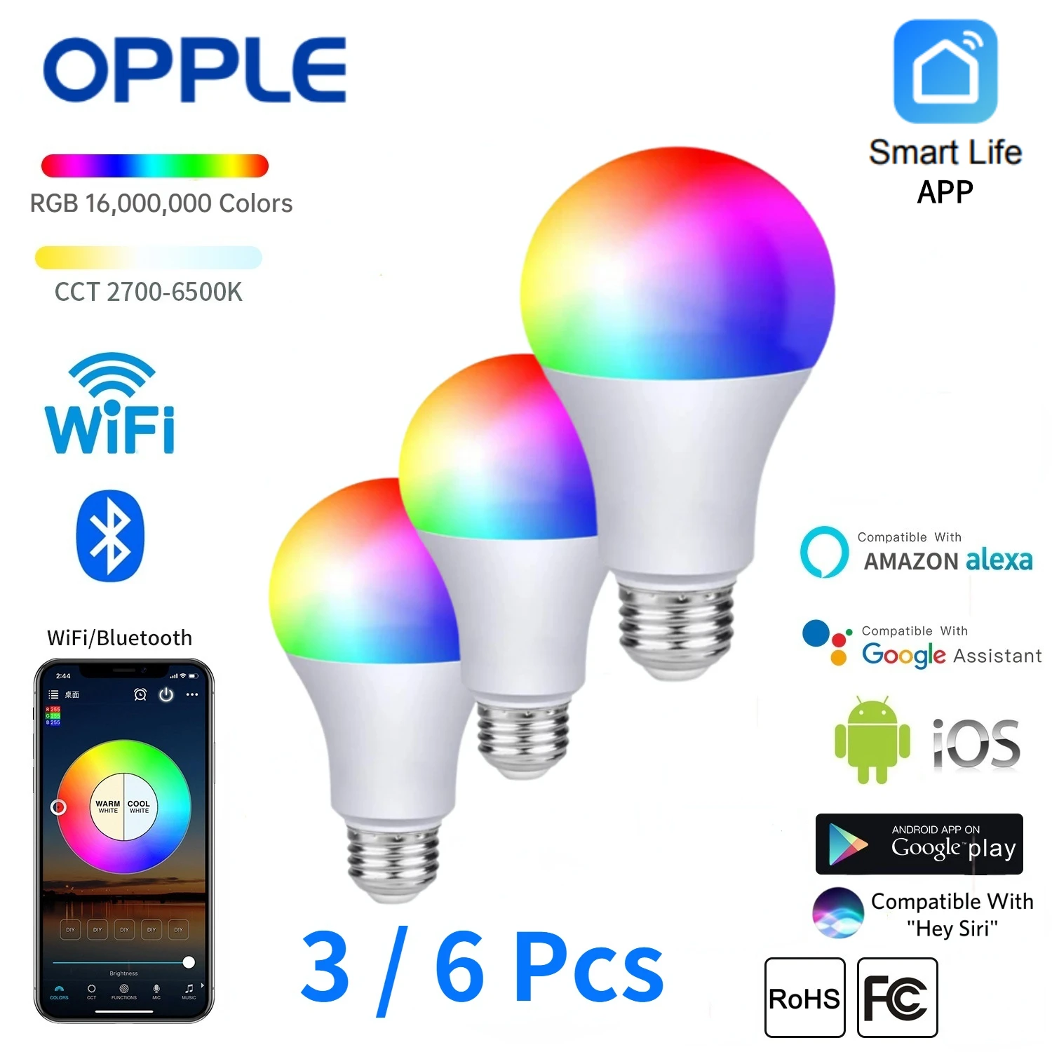 OPPLE 3 6 Pcs 110V Bulb E26 Smart Wifi 9W RGB Bulbs Bluetooth LED Lamp Alexa Voice IOS Android Dimmable Alice Google Siri Light