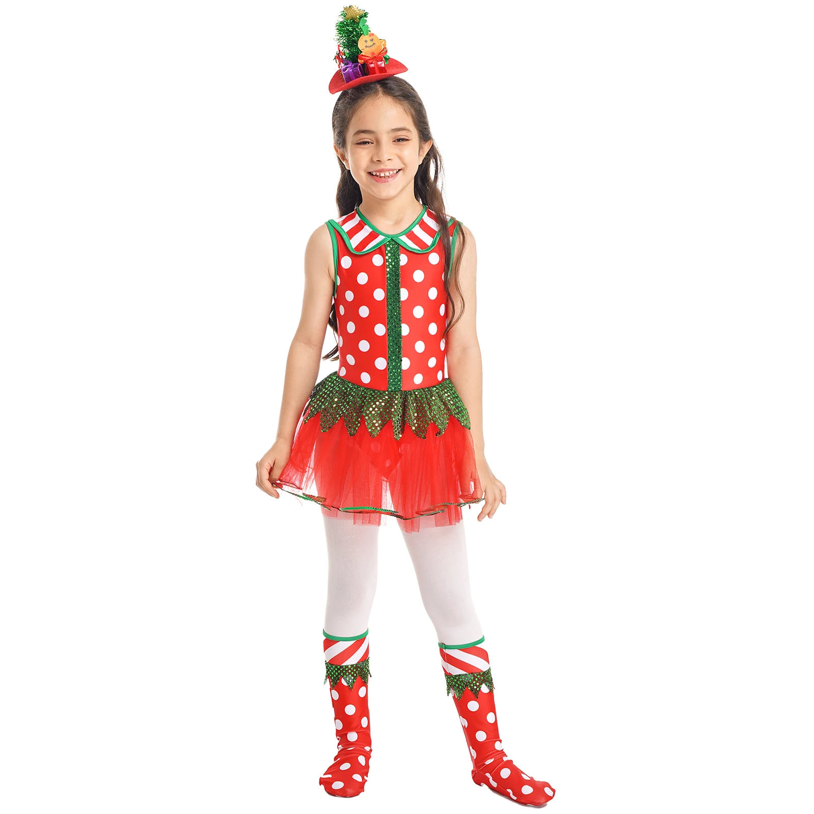 

Teens Girls Christmas Halloween Santa Claus Cosplay Costume Sequin Polka Dot Tutu Dress with Socks Xmas Party Roleplay Clothes