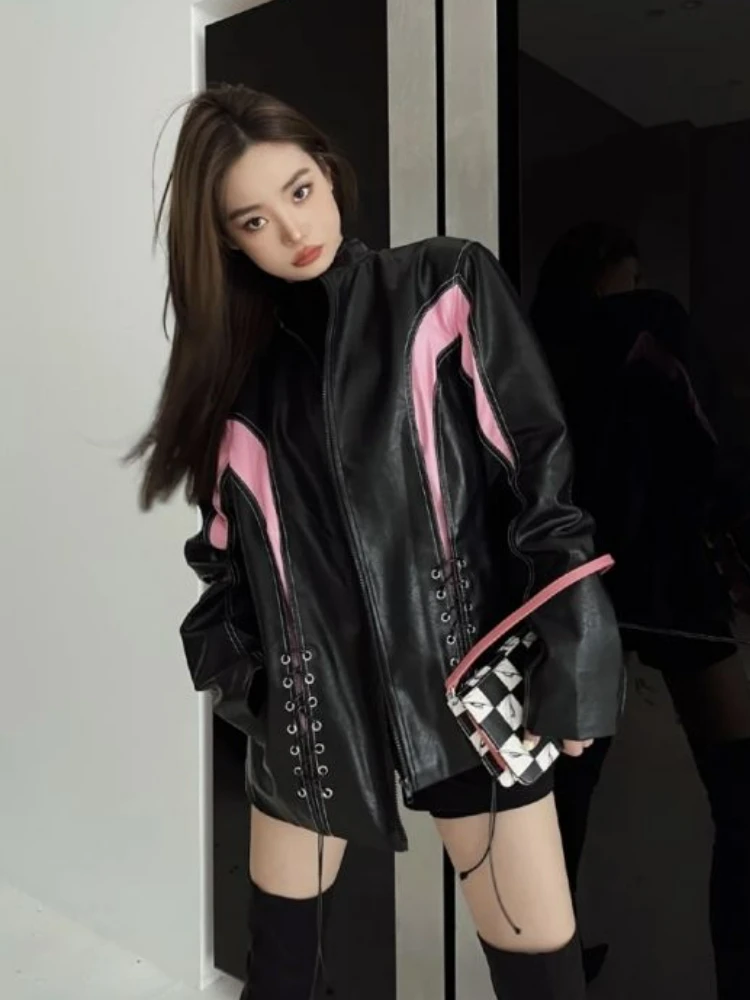 Autumn Motorcycle Leather Jacket Women Patchwork Chic Belt Loose Biker Jacket Female Casual Warm Korean Fashion Coat 2022 Summer