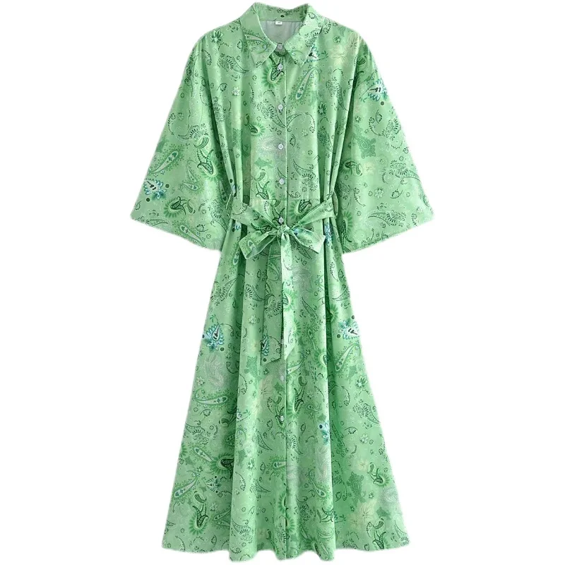 

SuperAen New 2022 Long Waistband Waist Turn Down Collar Full Printing A-LINE Casual Mid-Calf Woman Dress