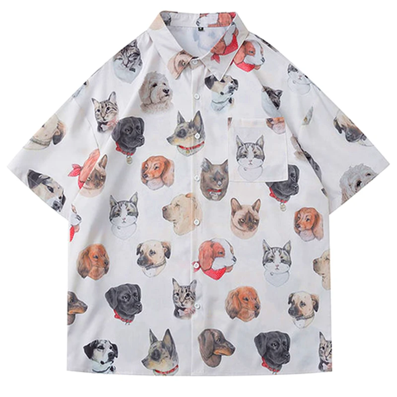 Harajuku Japan Kawaii Retro Puppy Dogs Head Print Button Up Shirt Streetwear Kawaii Unisex Tops Summer Large 2XL Korean Fashion