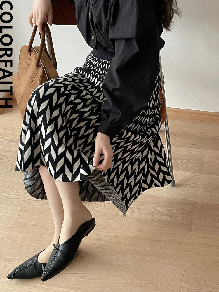 

Colorfaith SK5123JX New 2022 Korean Fashion Plaid Knitting Elegant Vintage High Waist Flare Chic Autumn Winter Women Long Skirts