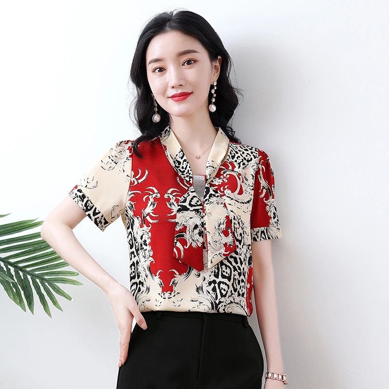 

Poplin Loose Women's Shirt New Fashion Blouse Printing Bow Tie Summer Casual Short Sleeve Top Female Clothing
