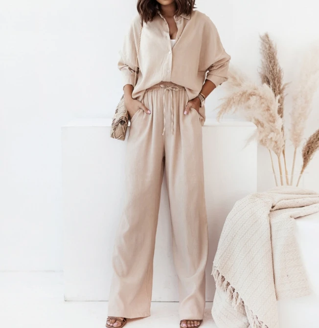 

Женский Повседневный комплект из 2 предметов, рубашка с длинным рукавом и полуоткрытым воротником и брюки с высокой талией, осень 2023