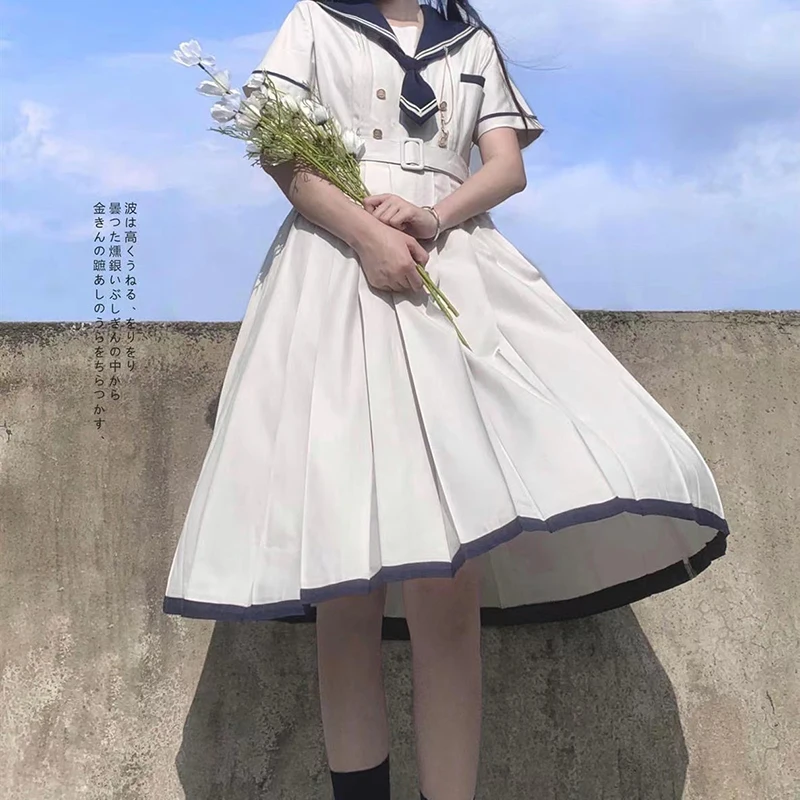 

Summer Midi Dress Women JK Girls Japanese Preppy Style Lolita Sailor Suit Dresses Y2k Gothic Kawaii Vintage Short Sleeve Dress