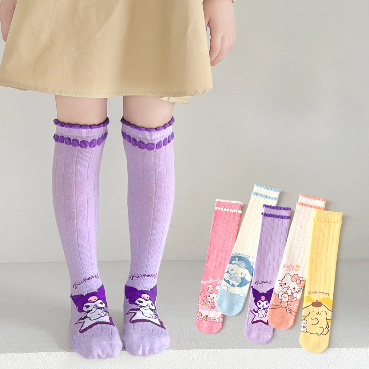 Милые чулки выше колена для девочек Hello Kitty осенне-зимние кружевные хлопковые