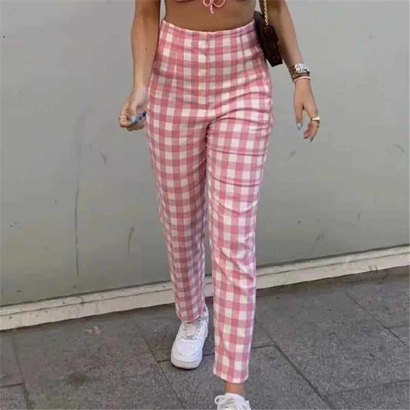

Women Summer High Waist Zipper Straight Chic Pants 2021 Female Fashion Pink Plaid Suit Cotton Sweet College Long Trousers Style