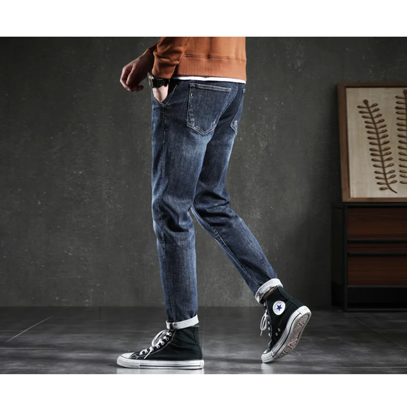 Streetwear Men 2022 Autumn New Pattern Korean Version Recreational  Elastic Force Jeans Plush Thickened Slim Navy Pants Female