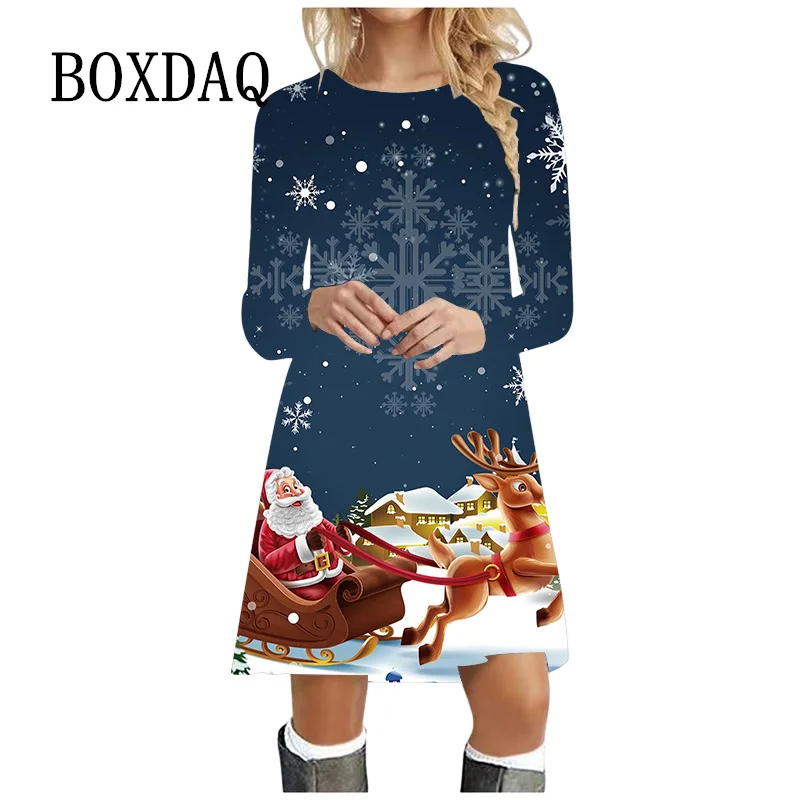 

3D Christmas Snowman Print Women Dresses Long Sleeve O-Neck Fashion Cute Christmas Party Dress Autumn Oversize Casual Mini Dress
