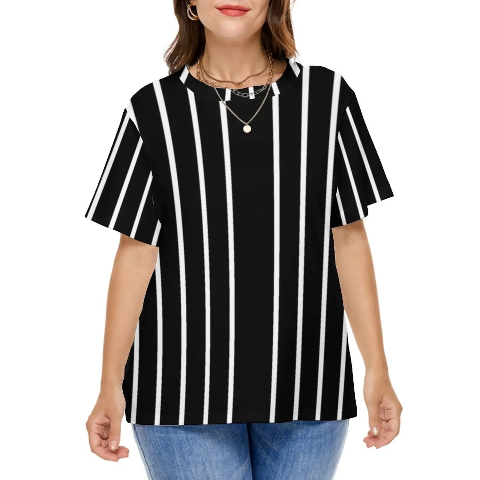 Vertical Striped T Shirt Black White Lines Elegant T Shirts Short Sleeves Printed Tops Ladies Casual Top Tees Plus Size 4XL 5XL