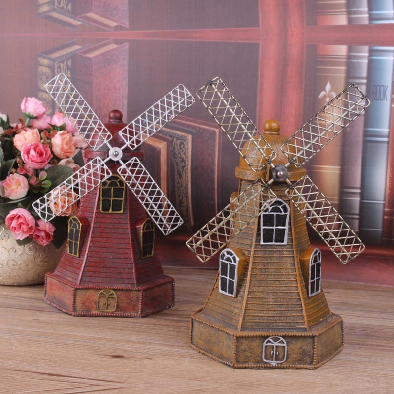 

XX9B Creative Vintage Resin Windmill Ornament Europe Style Architecture Model for Home Bedroom Office Decoration Collection Gift