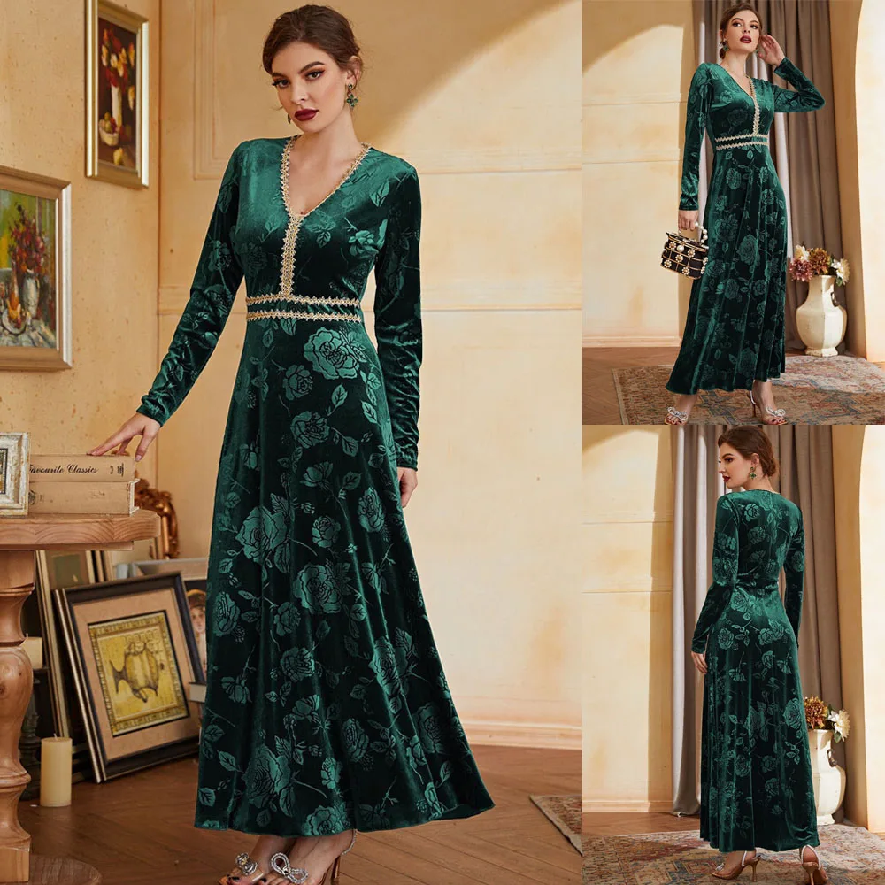 

Женское бархатное платье-миди с длинным рукавом, Осень-зима