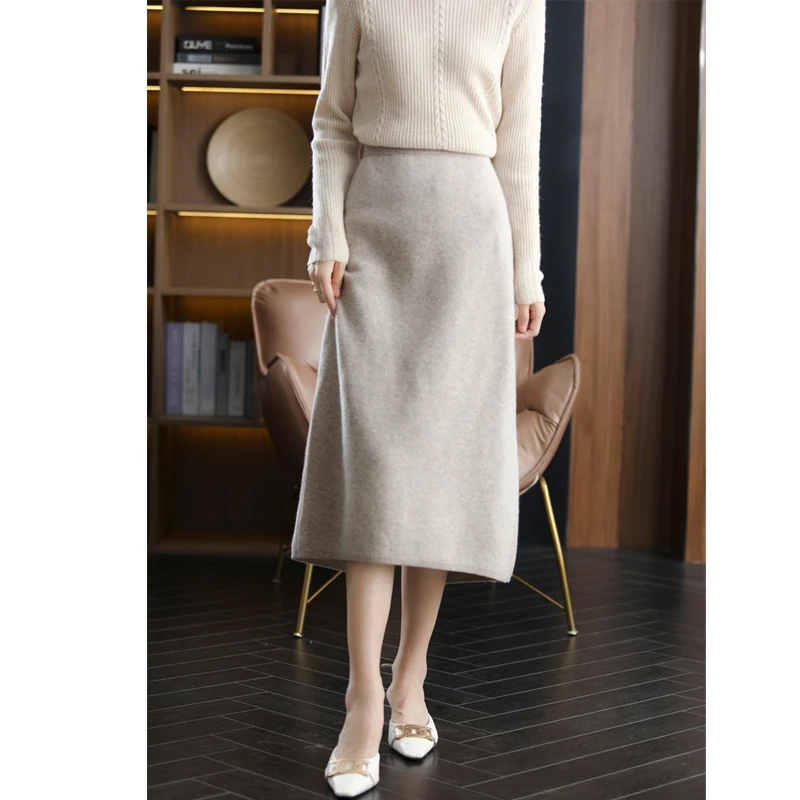

2022 New Autumn Winter 100% Wool Women Office Skirt Sexy Elastic High Waist Slim Package Hip Skirt Female One Step Knitted Skirt