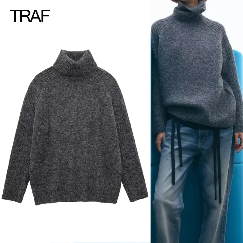 

Серый женский свитер с высоким воротником TRAF, вязаный свитер с длинным рукавом, женские зимние теплые толстые вязаные свитера 2022, осенние же...