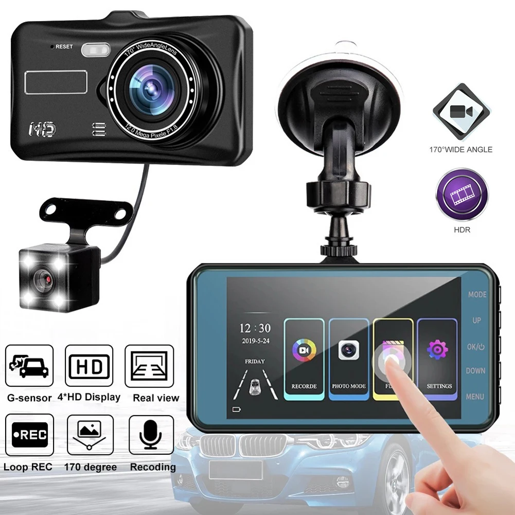 

4" Dash Cam Front and Rear Camera Car DVR 1080P Night Vision WDR Car Video Black Box Driver Recorder G-Sensor Motion Detection