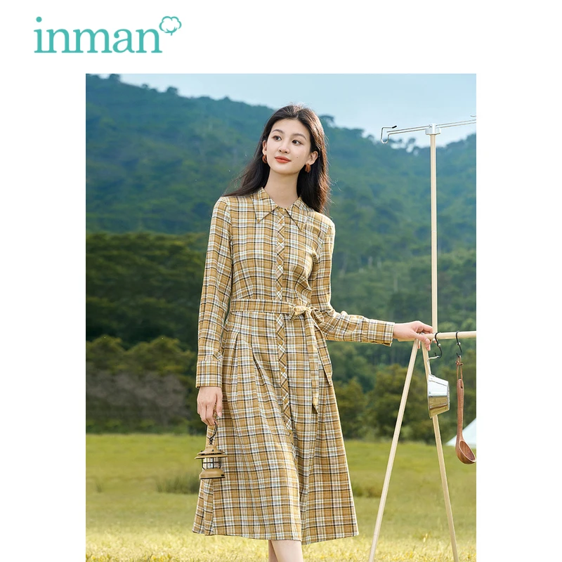 

INMAN Women Dress 2023 Autumn Long Sleeve Polo Neck A-shaped Vintage Yellow Plaid Single Breasted Lace Up Waist Casual Skirt