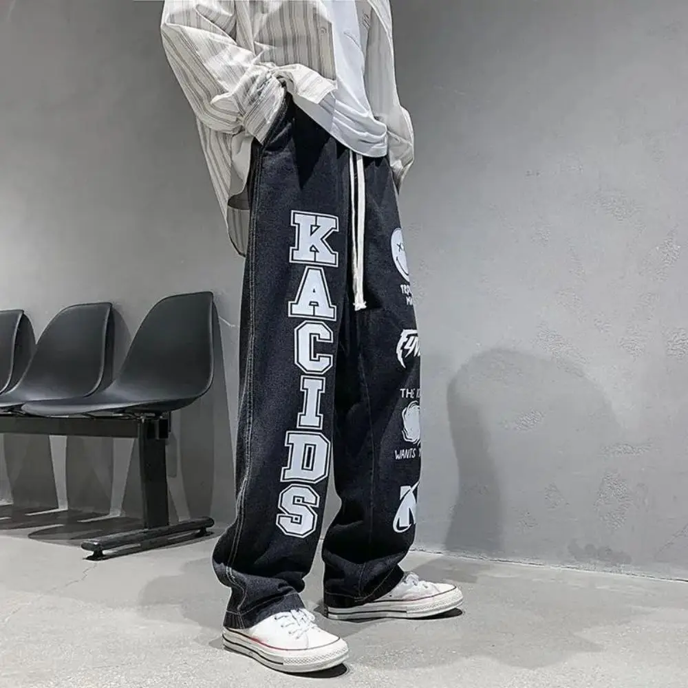 Men Street Hip Hop Trousers High Street Trend Ins Trend Retro Jeans Men Loose Straight Wide Leg Pants Printed Letter