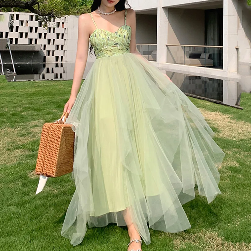 

V-Neck Sleeveless Mesh Patchwork Women's Clothing Summer High Waist Spaghetti Strap Beach Holiday Ruffles Print Maxi Dress