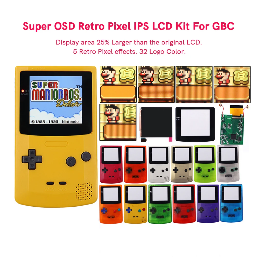 Super OSD  RETRO PIXEL IPS Larger  LCD SCREEN KIT Backlight Brightness Touch sensor For GameBoy Color For GBC Q5 IPS LCD Kit