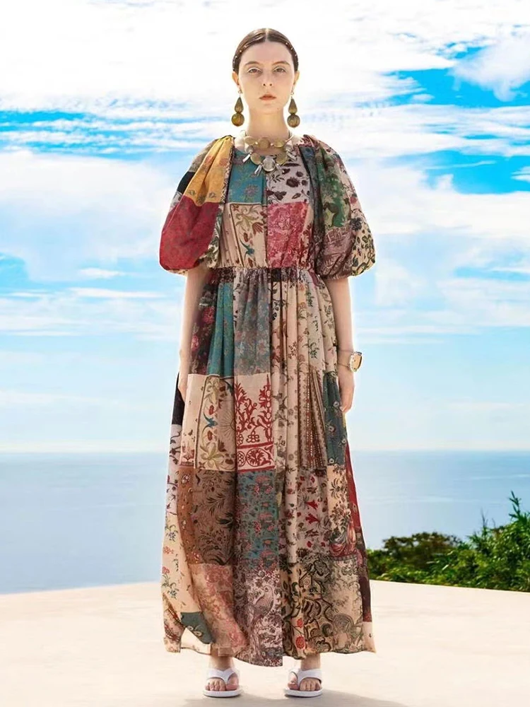 

Женский винтажный пуловер с круглым вырезом, разноцветное платье с высокой талией и коротким рукавом, свободная Пышная юбка с принтом, Нови...