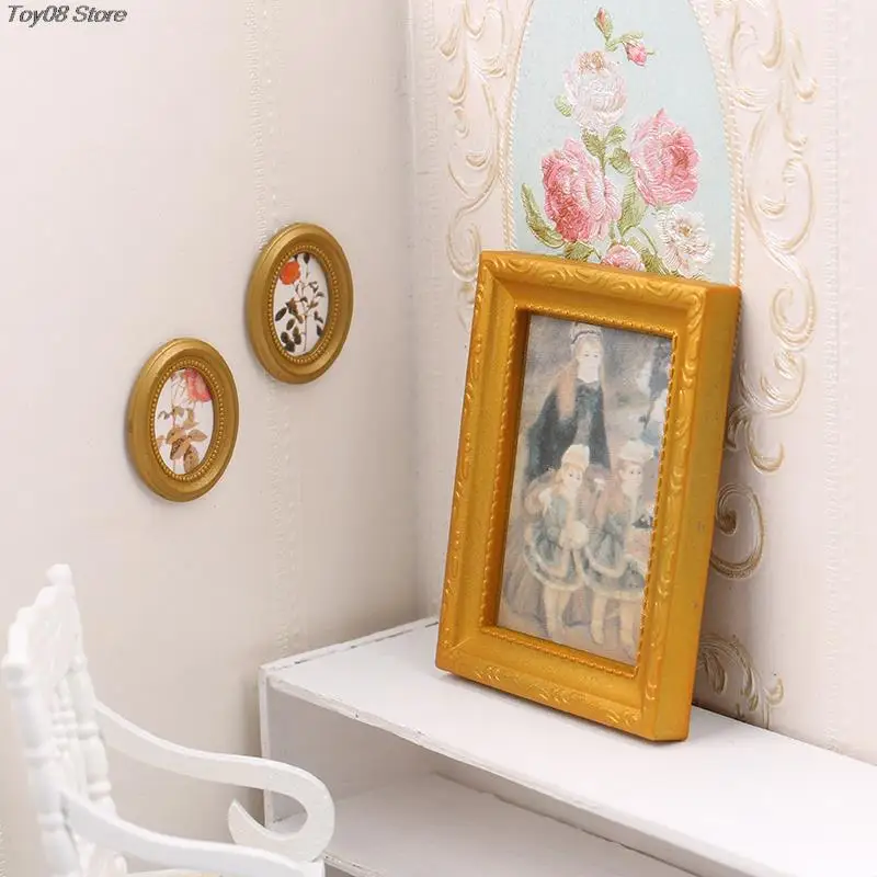 1/2Pcs 1:12 Mini Dollhouse Miniature Photo Frame Antique Oval Square Frame Oil Painting DIY Doll House Scene Decor Accessories