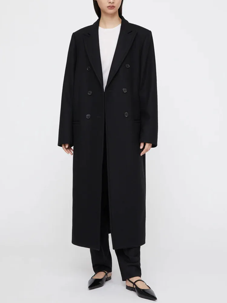 

Women Overcoat Notched Double Breasted Solid Color Long Sleeve Temperamental Jacket