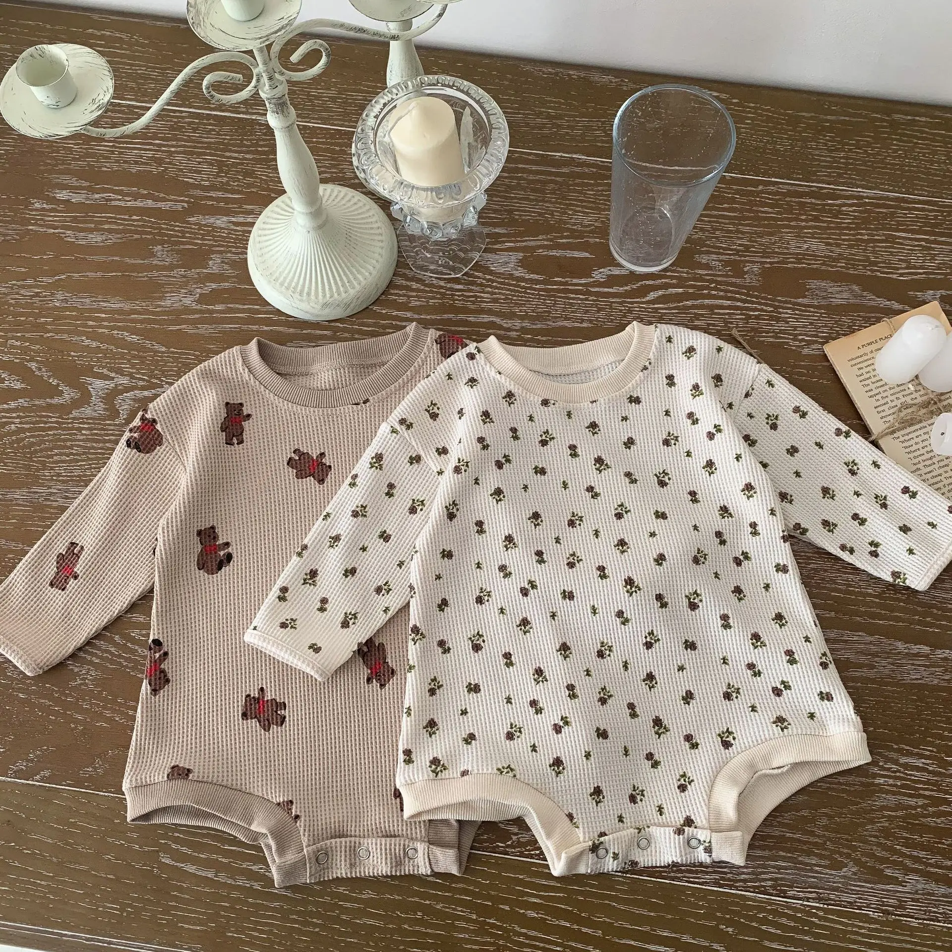 2022 Autumn New Baby Long Sleeve Bodysuit Fashion Infant Boy Girl Bear Print Jumpsuit Cotton Waffle Cute Floral Clothes