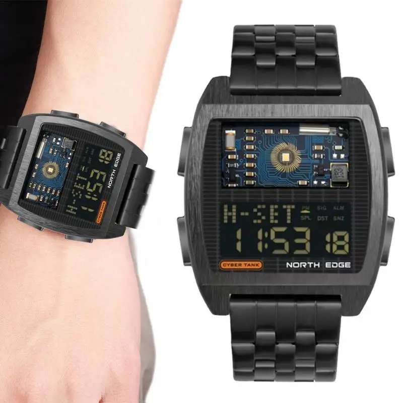 

Waterproof Watches Square Black Watch With Stainless Steel Wristband 50M/164FT Waterproof Outdoor Watch Digital Smart Watch For