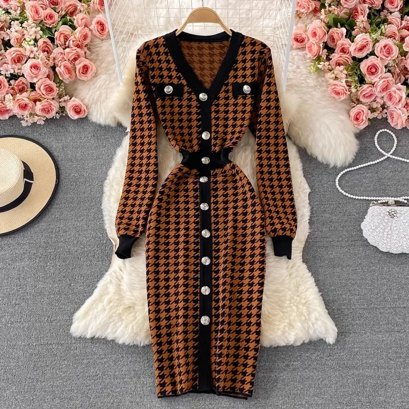 

Autumn Winter Bodycon Knitted Dress Women V Neck Long Sleeve Houndstooth Sweater Dress Single-breasted Party Long Dress Vestidos