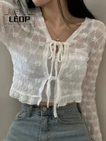ledp summer kawaii women aesthetic clothes y2k solid knitted crop top tie up full sleeve tee korean fashiona cute t shirt