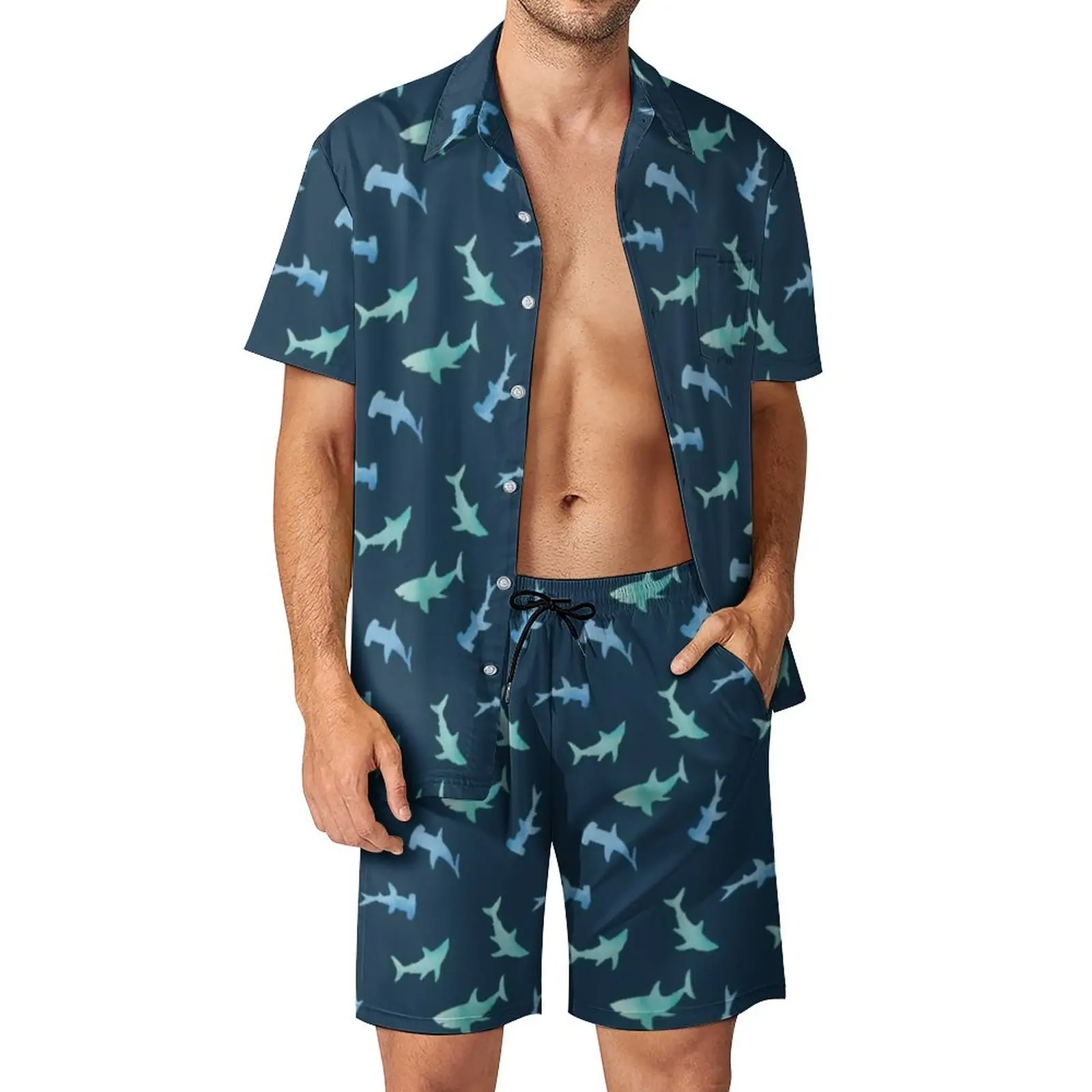 

Watercolor Shark Men Sets Nautical Swimming Sharks Aesthetic Casual Shirt Set Short Sleeve Graphic Shorts Beach Suit Big Size