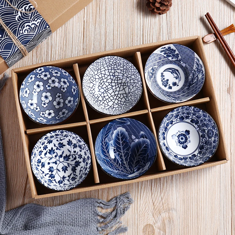 

Сине-белые фарфоровые миски, столовая посуда в японском стиле, набор столовых приборов для домашнего завтрака, керамические тарелки и миски, набор в подарок