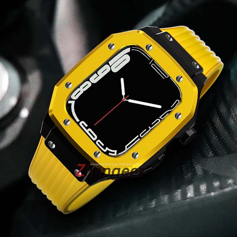 Metal Case for Apple Watch Band 45mm Modification Kit for Iwatchseries 7 6 5 4 SE 44mm Silicone Rubber Strap Luxury Bracelet