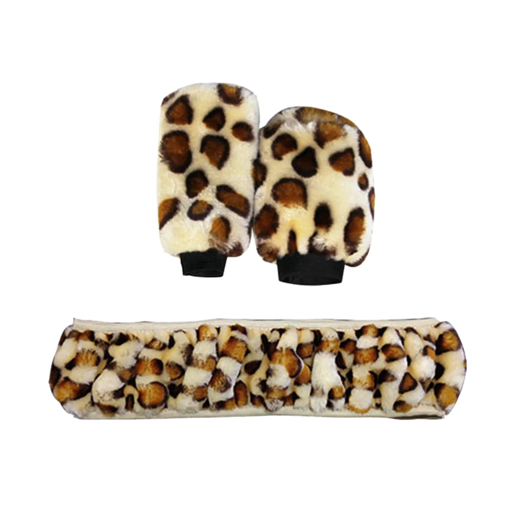 

3pcs/set Car Steering Wheel + Handbrake + Gear Shift Cover Leopard Print Universal 38CM Beige Leopard Steering Wheel Cover