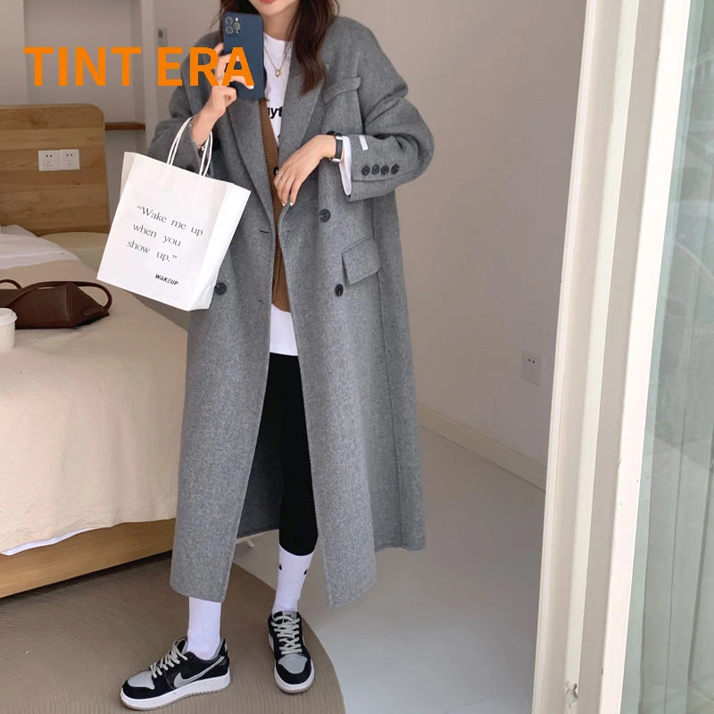 

TINT ERA Korea Fashion Double Sided Cashmere Coat Women's Middle Long Style Autumn Winter New Loose Over Knee Wool Jackets 2021