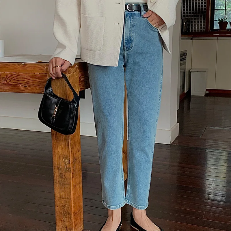 

Джинсы женские прямые с завышенной талией, узкие дымчатые брюки-трубы в стиле ретро, модные джинсы с прямыми штанинами, весна-осень