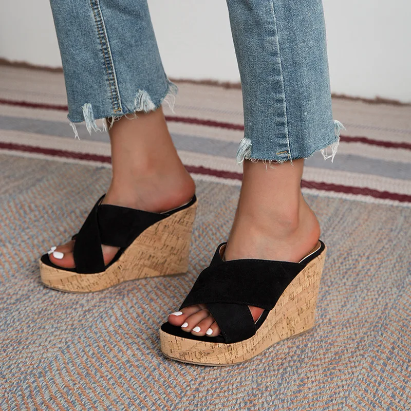 

2022 Summer NEW Large Size Women's Shoes Back Space Heightened Thick Bottom Thick Heel Wedge HeelSlippers Platform Sandals Women