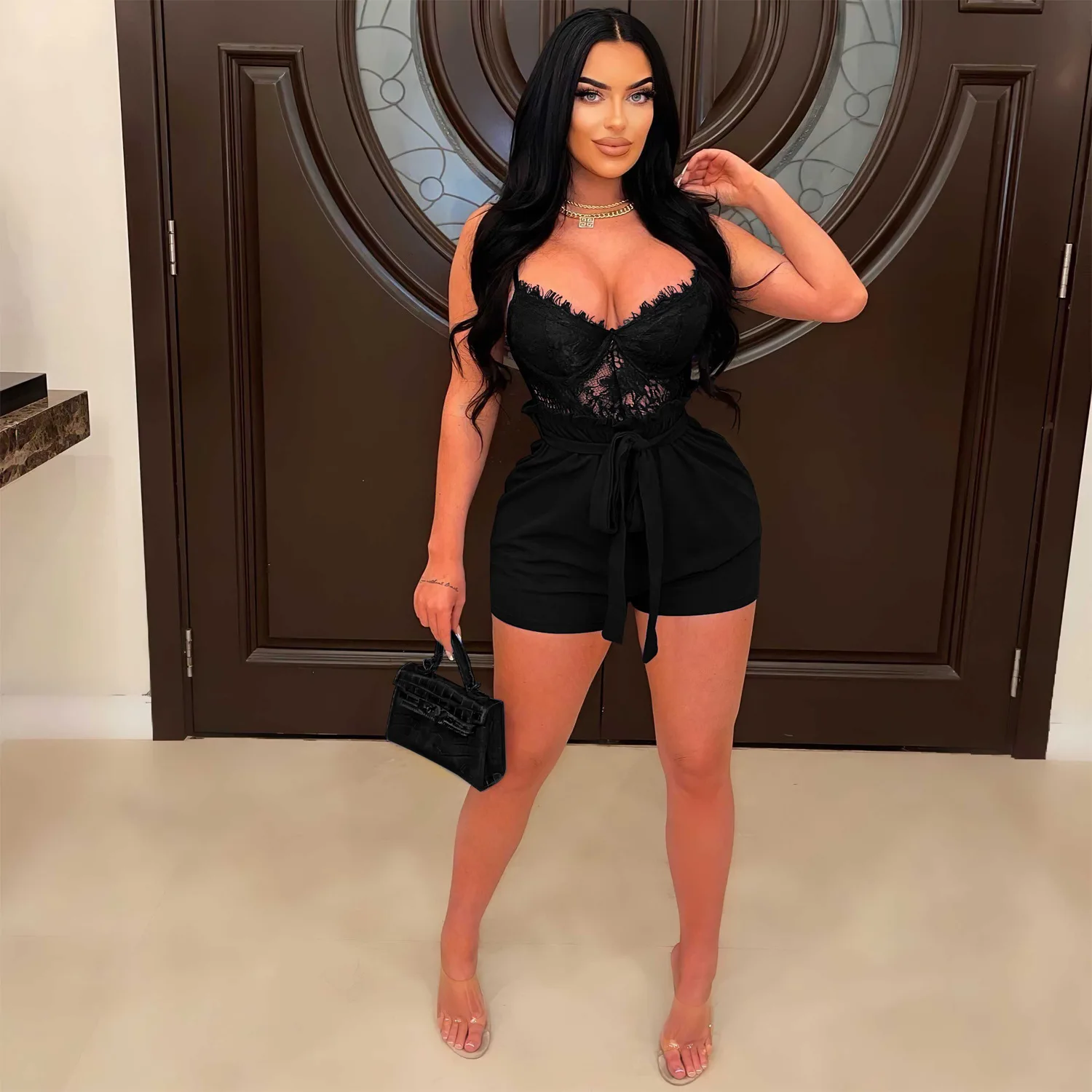 Fashion Women Strap Lace Playsuit Patchwork with Sashes Elastic Sexy Party Jumpsuit 2023 Summer Playsuit One Piece Suit Romper
