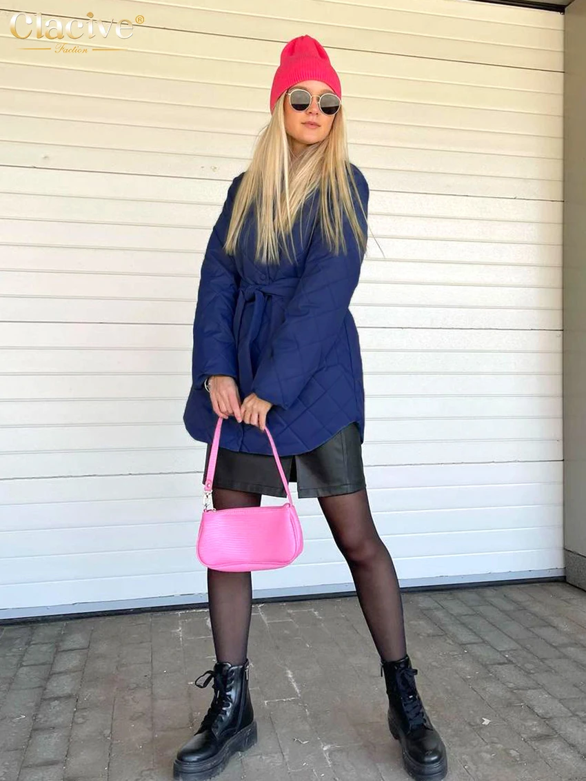 Clacive Winter Coat For Women Fashion Warm Single Breasting Long Sleeve Coats Elegant Loose Lace-Up Jacket Female Clothing 2023