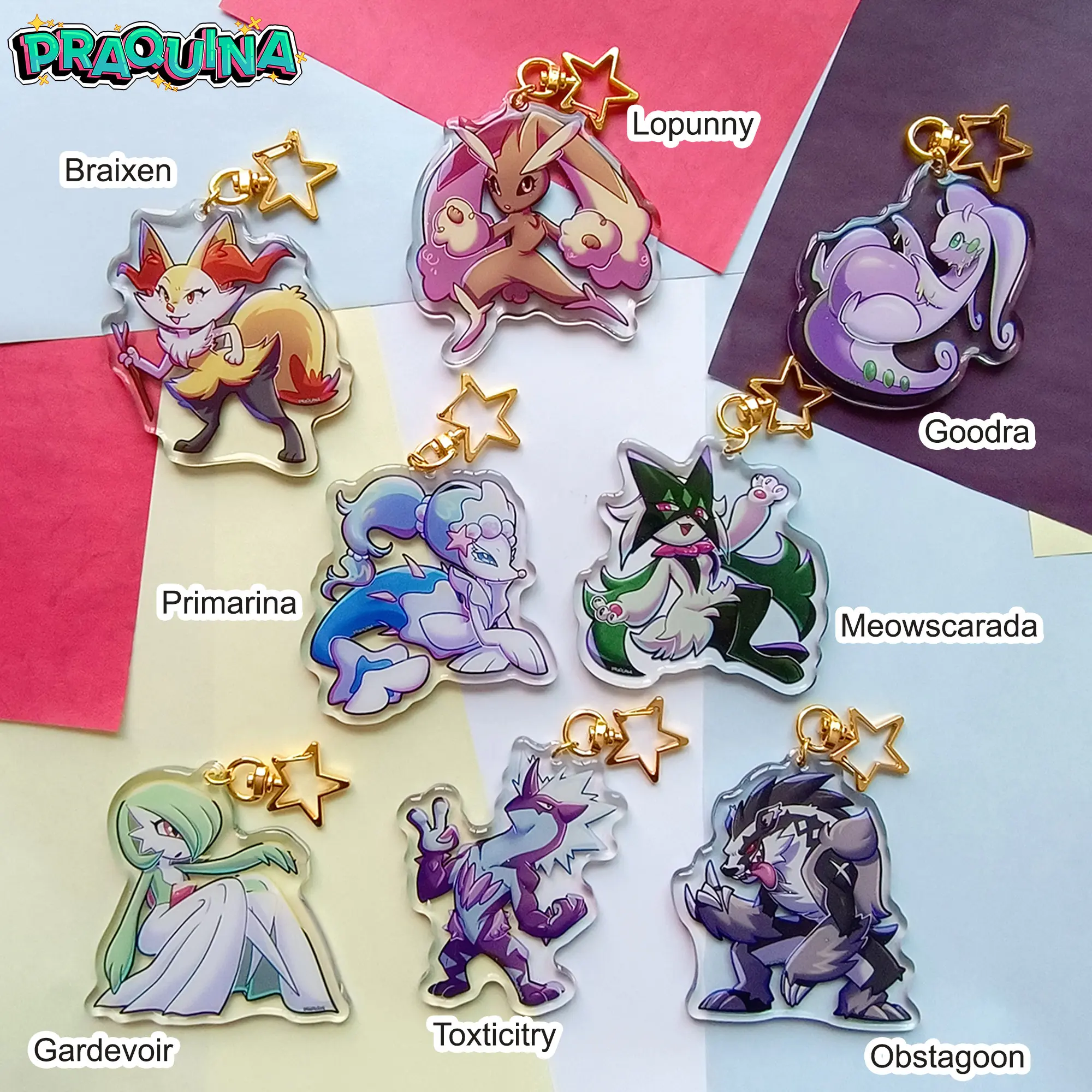 Фото Акриловый брелок Braixen: Лопунни, Гудра, Праймарина, Мяускарада, Гардевоар, Зороарк, Обстагуан – подвеска для сумки, коллекционный подарок для фанатов аниме №1