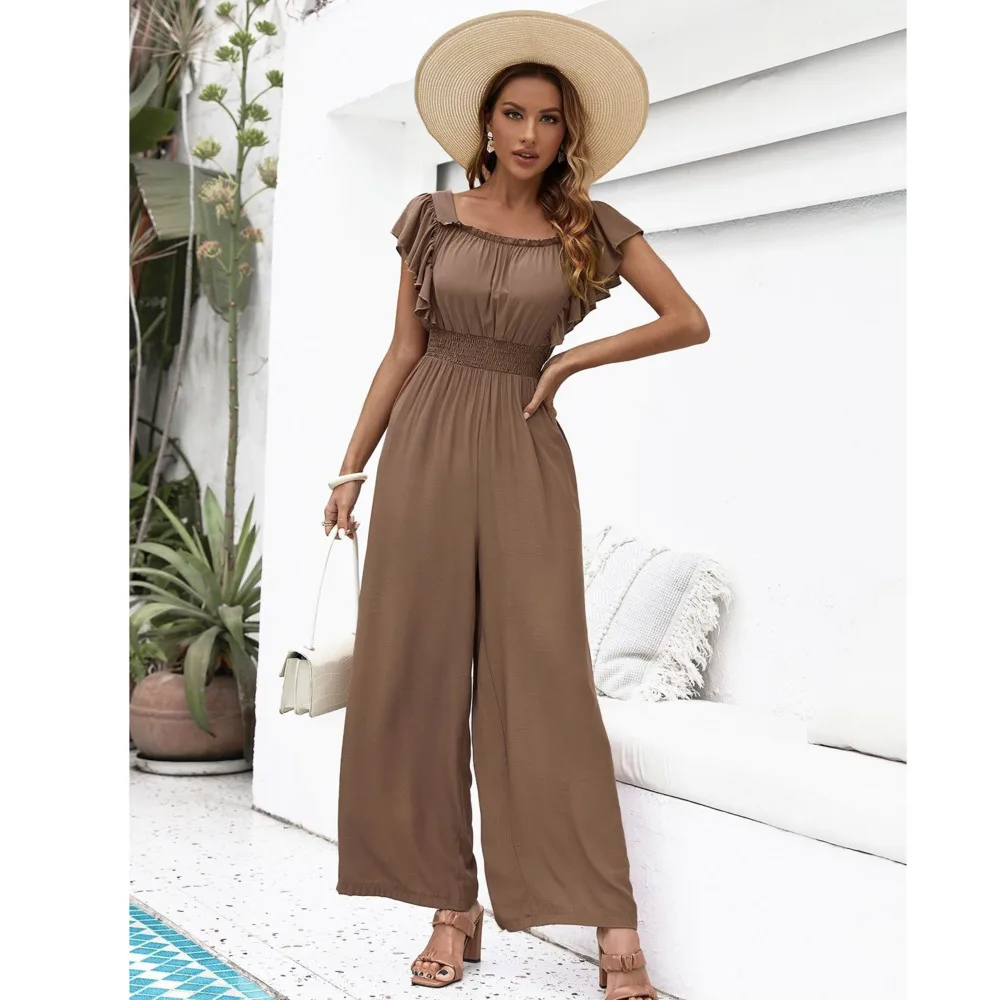 

Jumpsuit Women 2022 With Ruffles Summer Beach Casual Long Wide Leg Pants Fashion Slash-neck Full-length Female Jumpsuit Clothing
