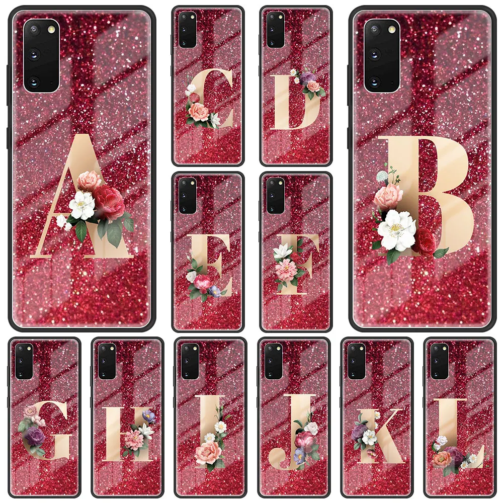 

Red 26 Letters Pink A Tempered Glass Case For Samsung Galaxy S22 Ultra S21 Plus S20 FE 5G S10 Lite Hard Case For S9 S8+ Fundas
