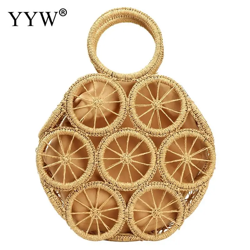 Round Lemon Pattern Tote Handbag INS Trendly Summer Women Wheat Straw Soft Hollow Storage Bag Paper Rope Handmade Lady Purse
