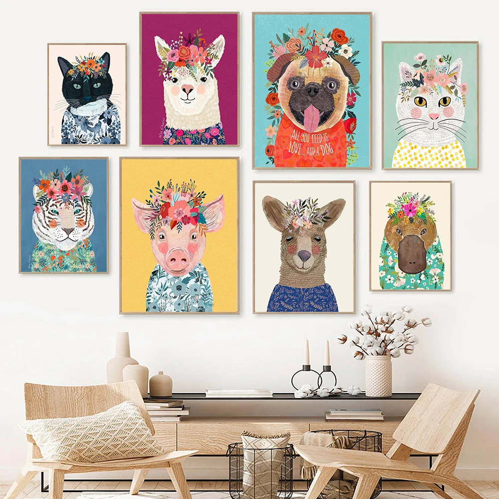 

Cute Tiger Cat Pig Dog Bear Alpaca Garland Wall Art Canvas Painting Cartoon Animal Poster Print Wall Picture Kid Room Home Decor