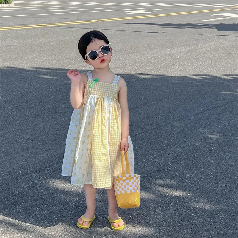 Платья для девочек новинка 2024 летняя детская одежда в корейском стиле клетчатая