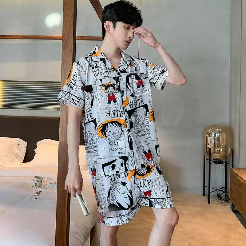Ice Silk Mens Pajamas Set Summer Short Sleeve Home Clothes 4XL 5XL Hombre Pijama Japan Anime Pyjama For Young Male Nightgown